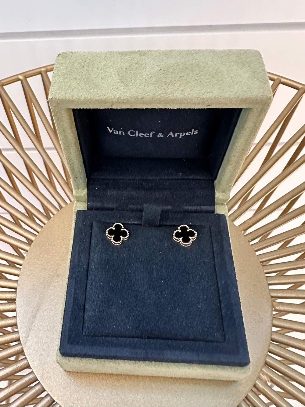 Van Cleef & Arpels 18K Yellow Gold Alhambra & Onyx Sweet Stud Earrings